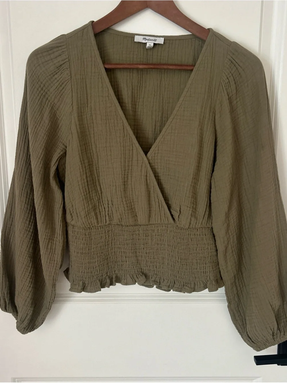 Madewell Olive Smocked V-Neck Peasant Blouse
